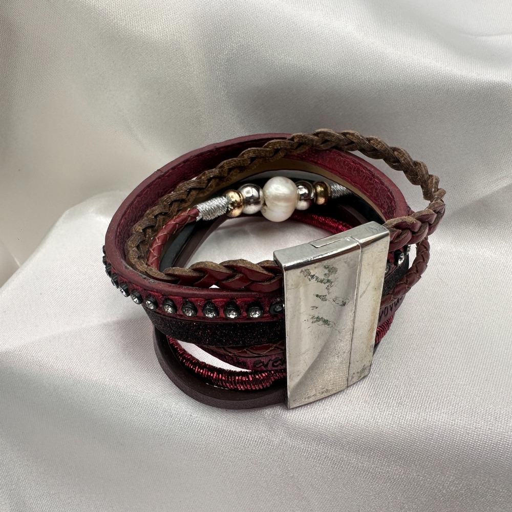 Vintage 80s Layered Leather Cuff Bracelet Bead Bohemian Statement Jewelry